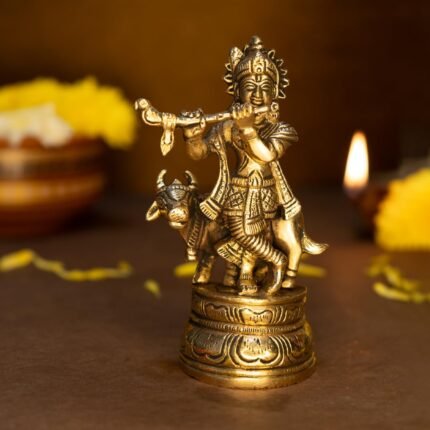 Pure Brass Lord Krishna Idol with Flute | Shree Lord Krishna Statue for Home Decor | Kanha Ji ki Murti for Office Desk | Sri Krishna Idols Gift for House Warming Ceremony