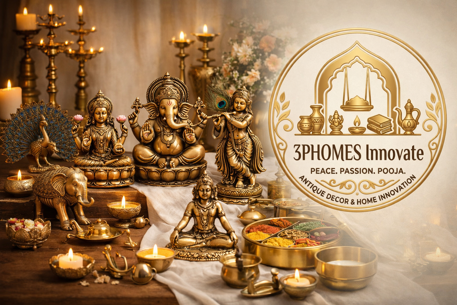 Brass deities and decor display